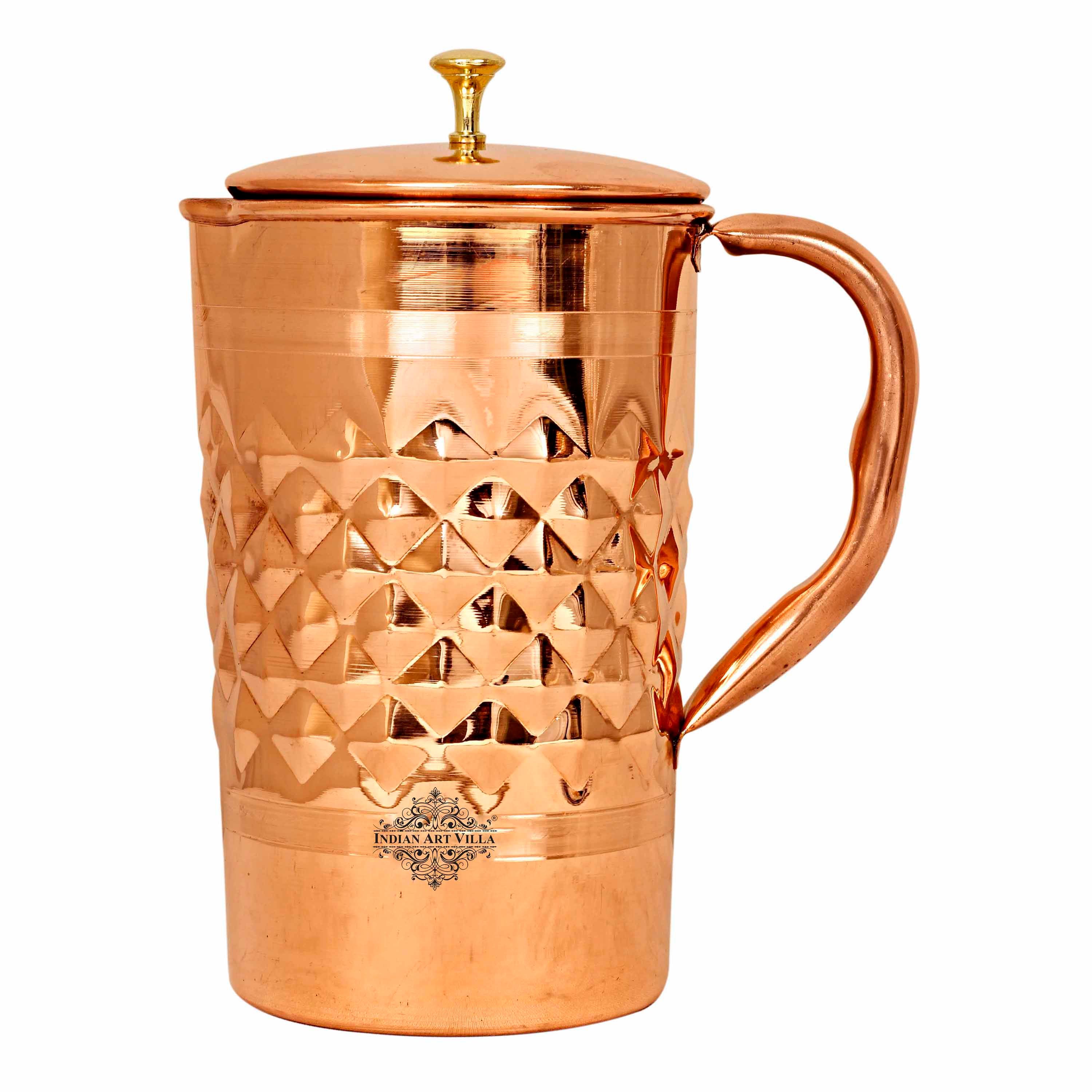 Pure copper diamond hammered jug with brass knob on lid halfdiamond, 2000 ML